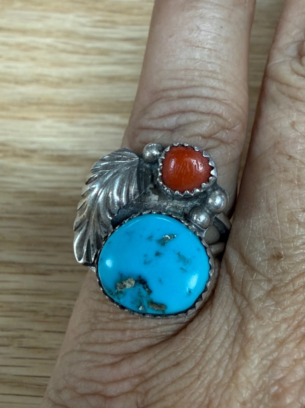 Vintage Sterling Silver Turquoise & Coral Statement Ring